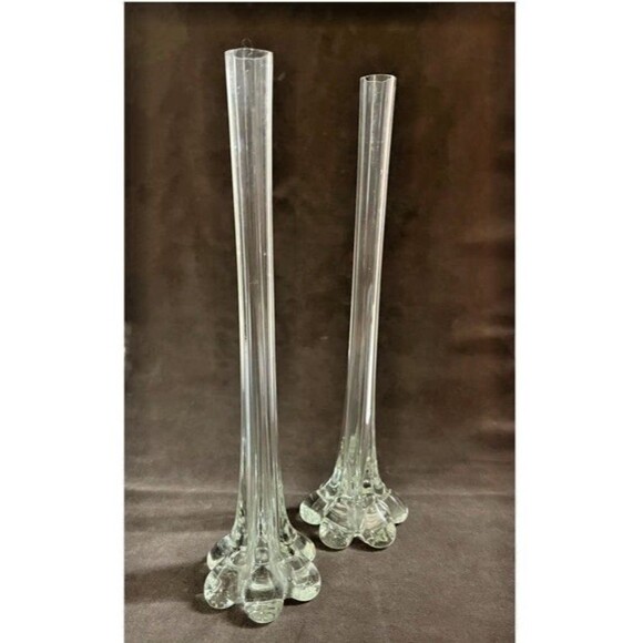 PAIR of Tall Crystal Fluted Violet Bud 12" Vases Glass Decor Fancy clear - Picture 1 of 6
